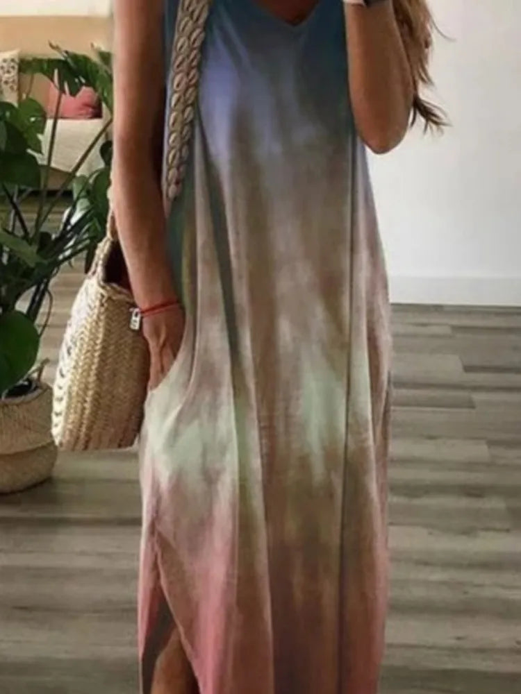 Gradient Tie Dye Print Sleeveless Long Dresses Women Fashion Casual V-neck Loose Slit Vest Dress Female Summer A-line Vestidos