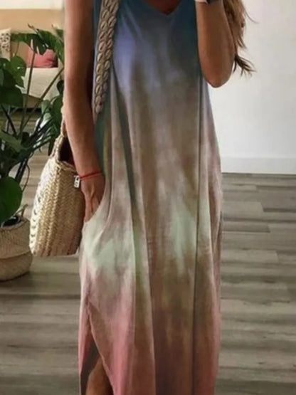 Gradient Tie Dye Print Sleeveless Long Dresses Women Fashion Casual V-neck Loose Slit Vest Dress Female Summer A-line Vestidos