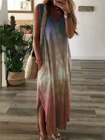 Gradient Tie Dye Print Sleeveless Long Dresses Women Fashion Casual V-neck Loose Slit Vest Dress Female Summer A-line Vestidos