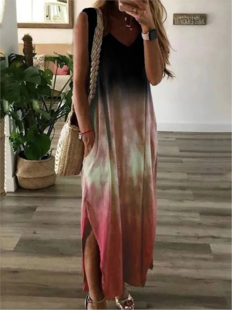 Gradient Tie Dye Print Sleeveless Long Dresses Women Fashion Casual V-neck Loose Slit Vest Dress Female Summer A-line Vestidos