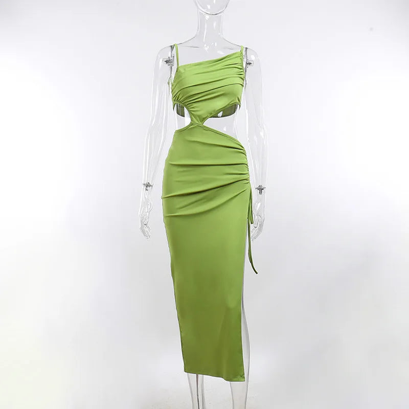Casual Hollow Green Sleeveless Backless Midi Women 2025 Beach Cut Out Dress