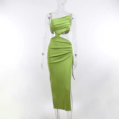 Casual Hollow Green Sleeveless Backless Midi Women 2025 Beach Cut Out Dress