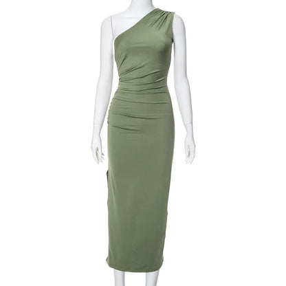 One Shoulder Summer Elegant Sexy Sleeveless Ruched Charming Stylish Maxi Dress