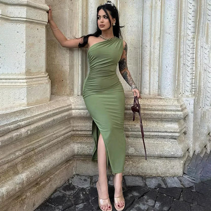 One Shoulder Summer Elegant Sexy Sleeveless Ruched Charming Stylish Maxi Dress