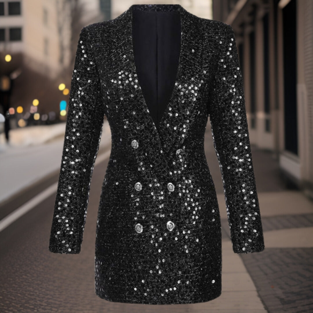 Women's Stylish Black Sequin Blazer with Buttons | For Formal Occasions
