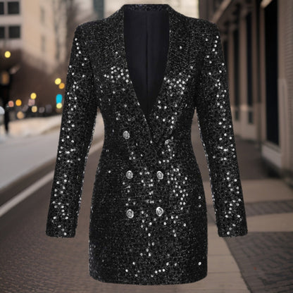 Women's Stylish Black Sequin Blazer with Buttons | For Formal Occasions