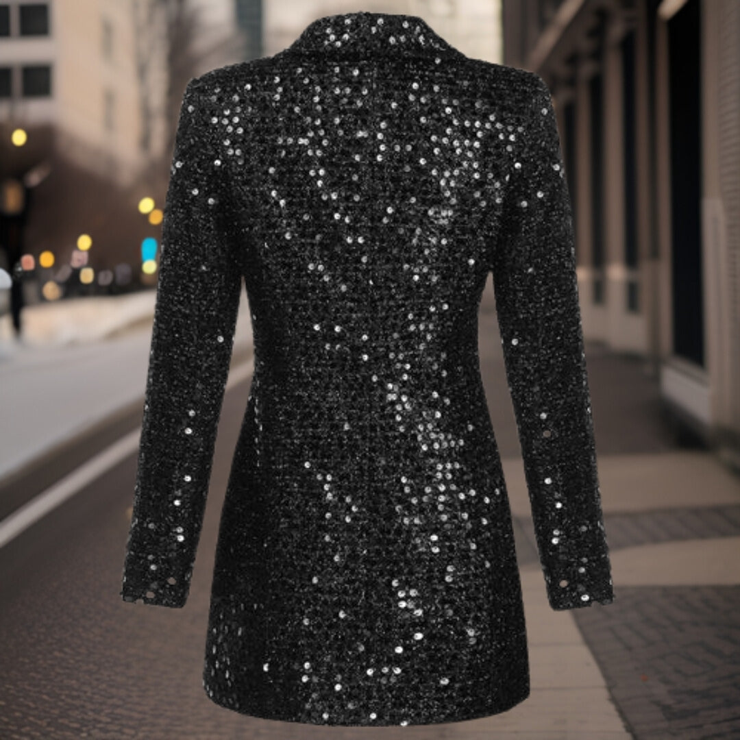Women's Stylish Black Sequin Blazer with Buttons | For Formal Occasions