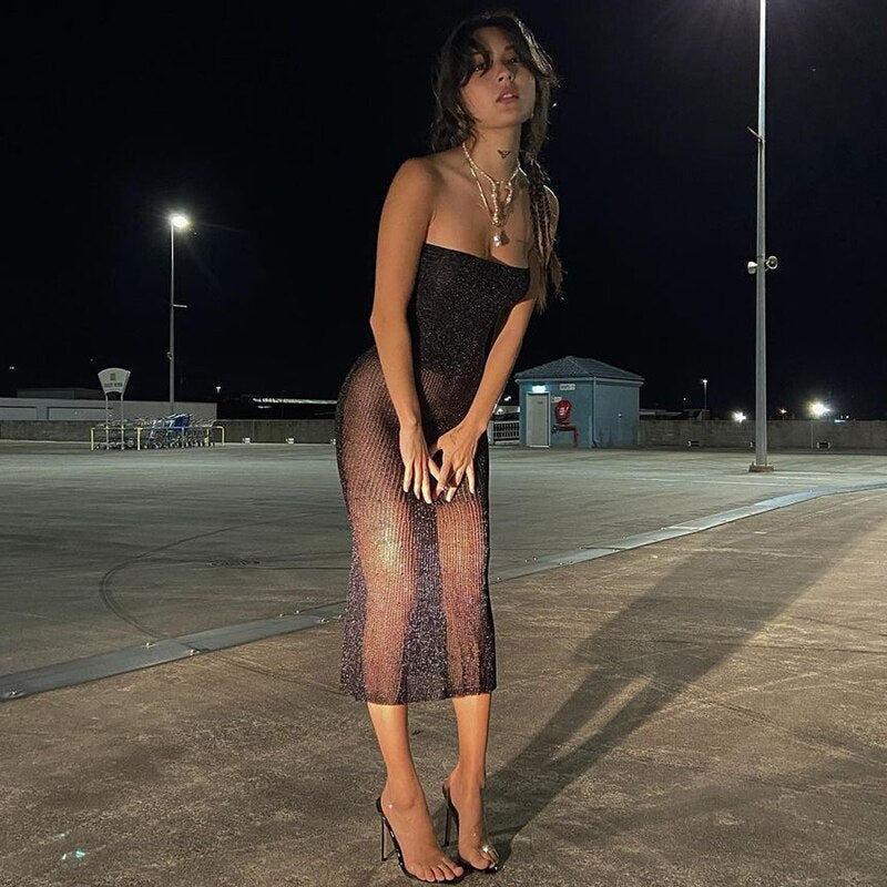 Voguable  Mesh Off Shoulder Black Sleeveless Patchwork See Through Midi Dress Bodycon Holiday Party Outfits Y2K