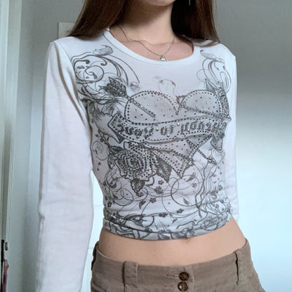 Graphics Print Y2K Retro T Shirt Indie Aesthetics Mall Goth Sweats Tees Autumn Spring Long Sleeve Crop Tops 90s Vintage Grunge