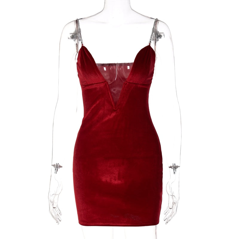 Voguable  Velvet Sleeveless Deep V Neck Metal Slip Mini Dress  Evening Party Elegant Streetwear Y2K