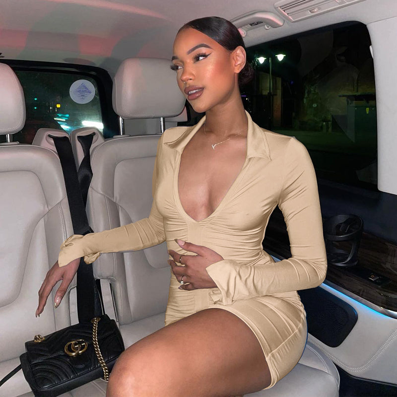 Voguable Solid Pleated Polo Neck Long Sleeves Mini Dress Streetwear Y2K Elegant Wear