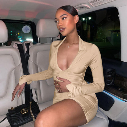 Voguable Solid Pleated Polo Neck Long Sleeves Mini Dress Streetwear Y2K Elegant Wear