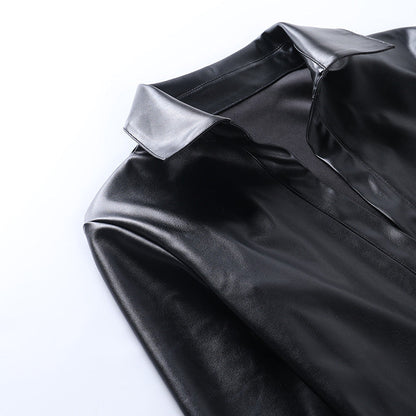 Voguable  Pu Leather Deep V Neck Long Sleeve Loose Mini Dress Winter Casual Streetwear Outfits Club Y2K