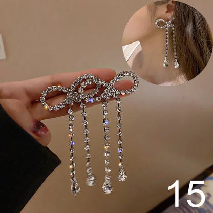 Korean Dangle Drop Earrings Black Tulle Yarn Rhinestone Bow Knot Kawaii Fashion Jewelry for Women Fall Winter