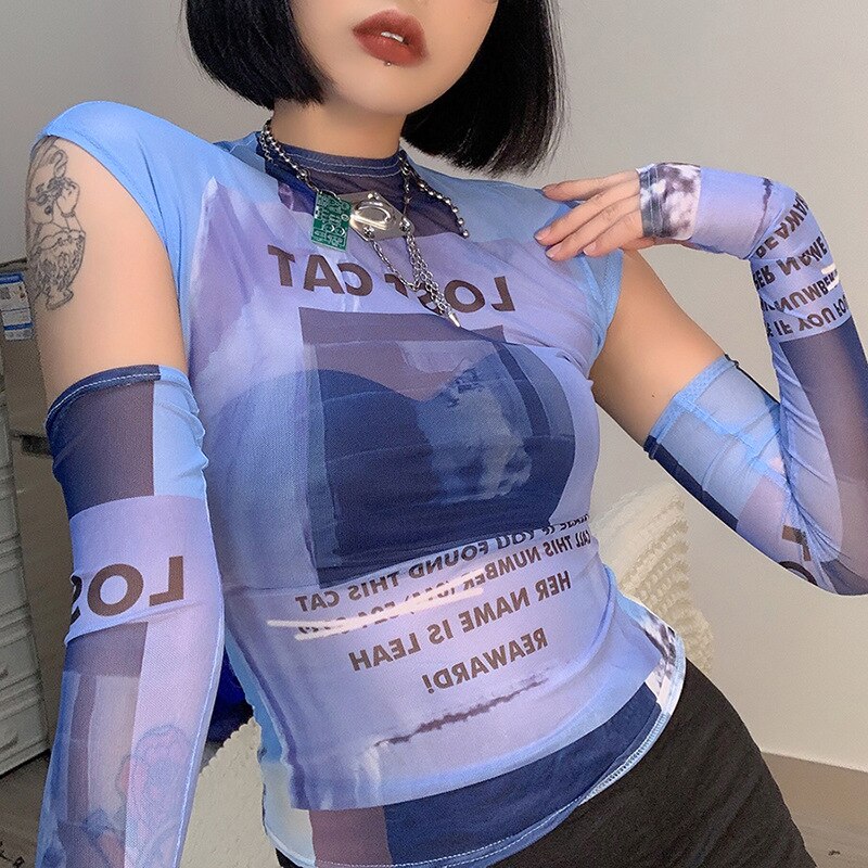 Y2K Slim Bodycon Tops Printing T-Shirt Long Oversleeve Party Club Outfit Casual Streetwear