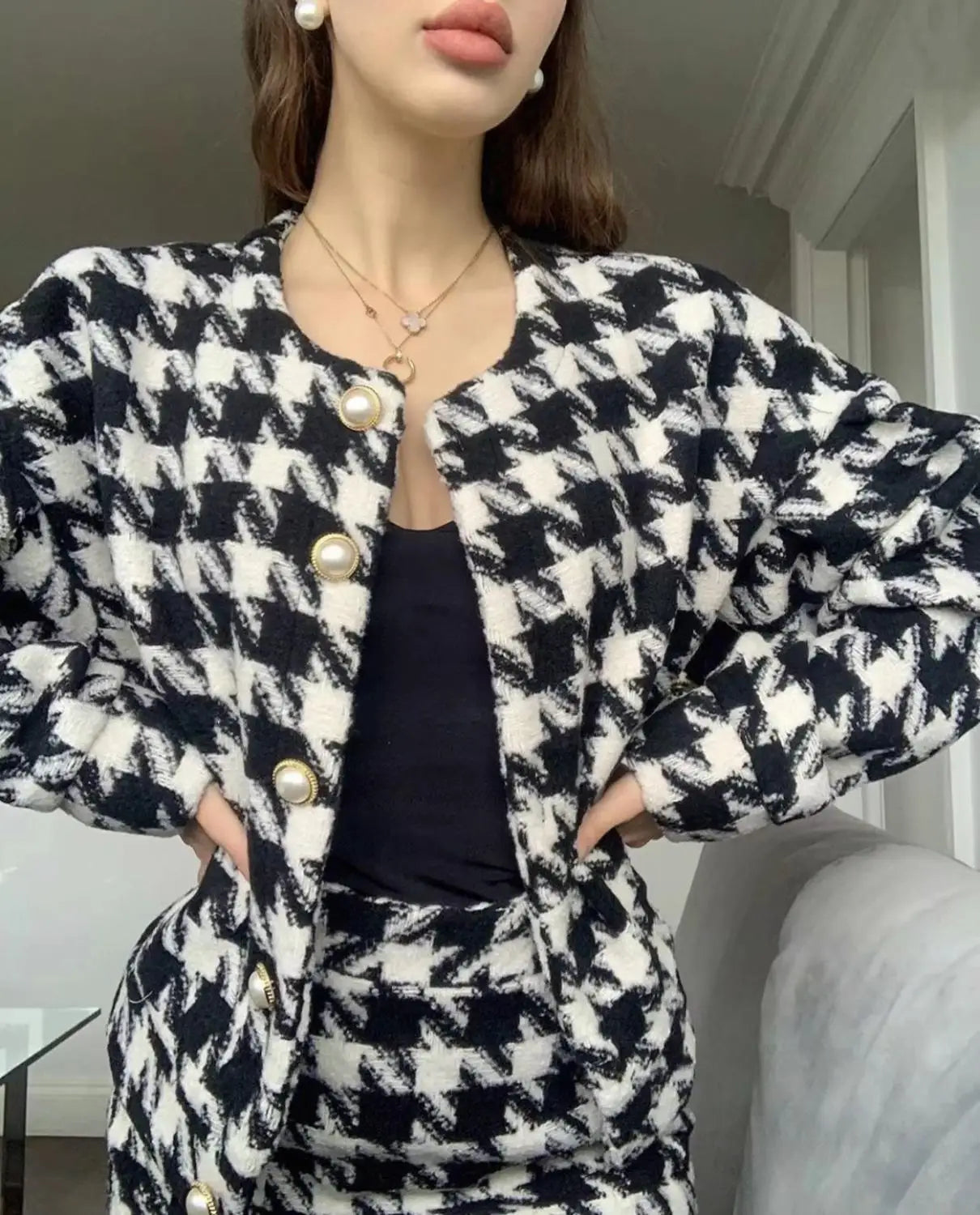 Vintage Sweet Women Pearl Button Black Check Gingham Plaid Blazer High Waist Mini Short Skirts Long Sleeve Suits 2 Pieces Set