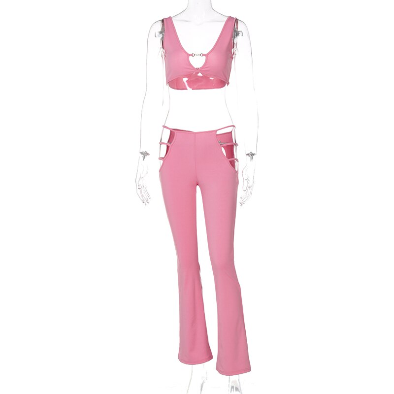 Voguable  Solid Straps Tanks Hollow Out Tank Crop Top Pants 2 Pieces Set Streetwear Party Club Outfits Y2K