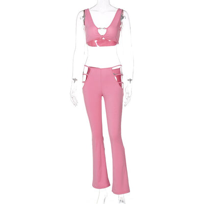Voguable  Solid Straps Tanks Hollow Out Tank Crop Top Pants 2 Pieces Set Streetwear Party Club Outfits Y2K