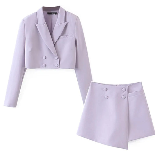 Vintage Sexy Double-breasted Button Short Women Blazer High Waist Irregular Shorts Short Pants Long Sleeve Suits 2 Pieces Set