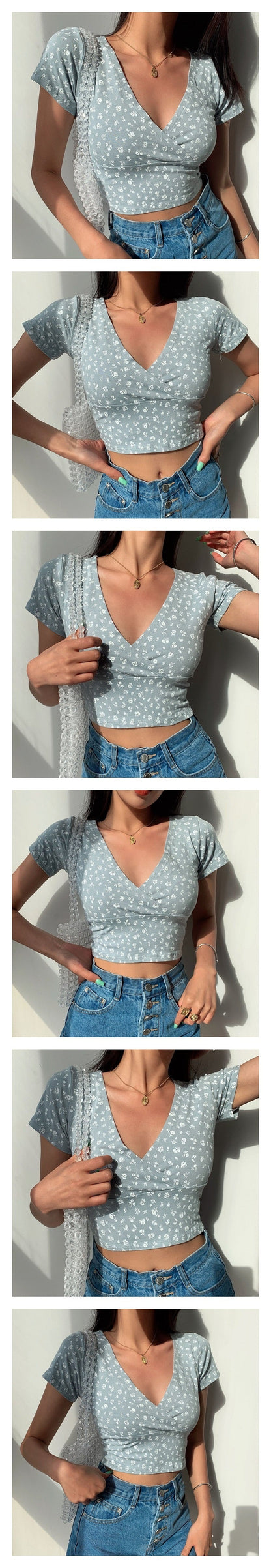 Y2K Vintage Floral Cross Crop Top T-shirt Cropped Slim Short Sleeve V-neck Clothes Tee Shirt Femme Woman Tops