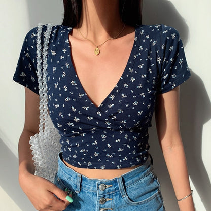 Y2K Vintage Floral Cross Crop Top T-shirt Cropped Slim Short Sleeve V-neck Clothes Tee Shirt Femme Woman Tops