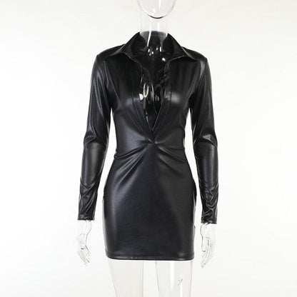Voguable  Pu Leather Deep V Neck Long Sleeve Loose Mini Dress Winter Casual Streetwear Outfits Club Y2K