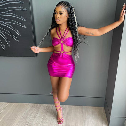 Voguable  Solid Sleeveless Bodycon Halter Hollow Out Mini Dress  Streetwear Outfits Y2K