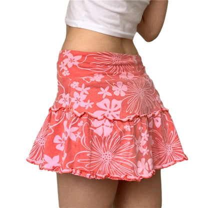 Women’s A-Line Mini Skirt 90S High Waist Floral Print Frill Trim Above Knee Short Skirt Y2k Style Skirts Streetwear