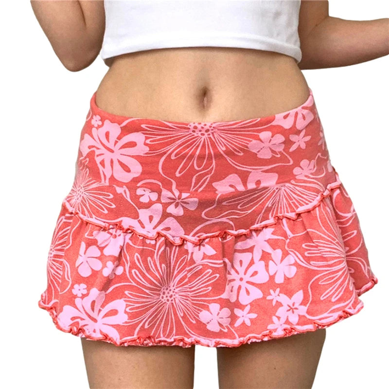 Women’s A-Line Mini Skirt 90S High Waist Floral Print Frill Trim Above Knee Short Skirt Y2k Style Skirts Streetwear