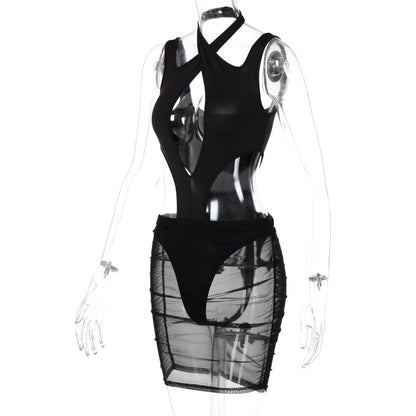 Voguable   Short Sleeve Halter Hollow Out Hole Backless Bodycon Dress Streetwear Y2K Party Casual Club