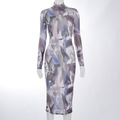 Voguable Long Sleeve Turtleneck Y2K Print Mesh Skinny Maxi Dress Streetwear Casual Clothing