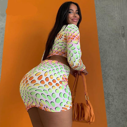 Voguable  Colorful Spot Print Long Sleeve Crop Top Pleated Mini Dress 2 Piece Set Y2K Streetwear Outfit Fashion