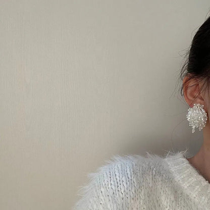 Pearl Crystal Fringed Flower Earrings Elegant Personality Studs Ms Jewelry from South Korea