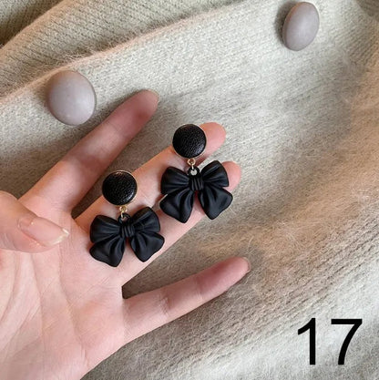 Korean Dangle Drop Earrings Black Tulle Yarn Rhinestone Bow Knot Kawaii Fashion Jewelry for Women Fall Winter