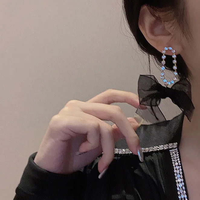Korean Dangle Drop Earrings Black Tulle Yarn Rhinestone Bow Knot Kawaii Fashion Jewelry for Women Fall Winter