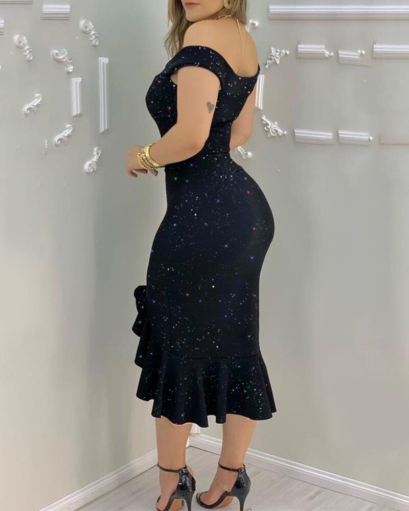 DressBetty - Elegant Sexy Glitter Off-Shoulder Ruffles Slit Midi Dress Sexy Party Solid Dress