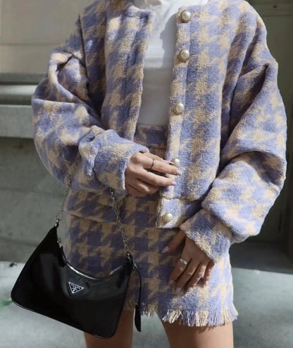 Vintage Sweet Women Pearl Button Black Check Gingham Plaid Blazer High Waist Mini Short Skirts Long Sleeve Suits 2 Pieces Set