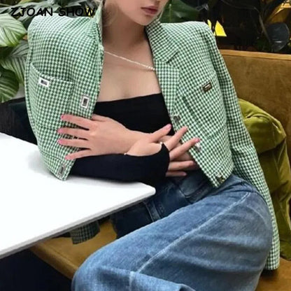 Retro French Style Green Check Plaid Weavon Cropped Blazer Women Notched Metal Buckle Buttons High Waist Suit Short Coat Outwear
