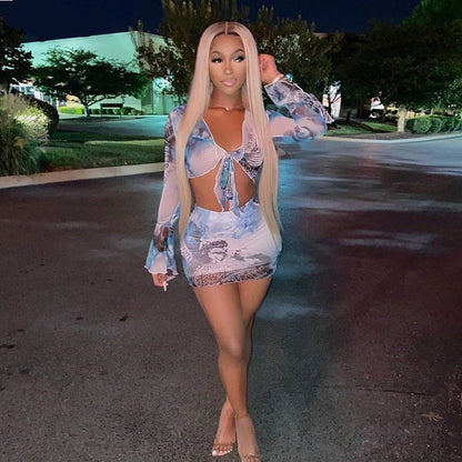 Voguable Flare Sleeve Wrapped Bandage Crop Top Skirt 2 Piece Set Winter Streetwear Y2K Print Tracksuit