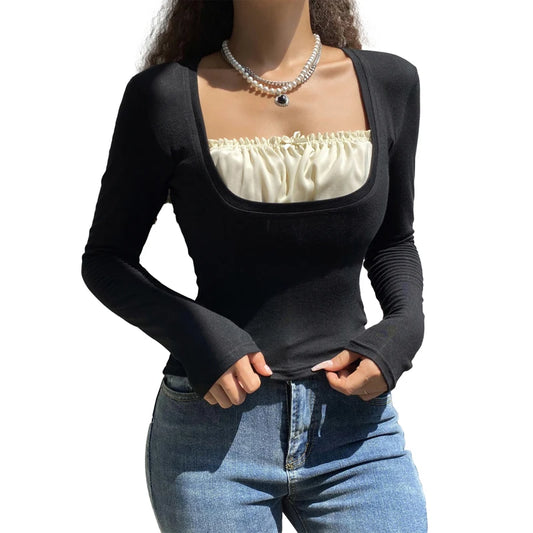 Fairycore Bow Low Cut Long Sleeve Top Fall 2021 Womens Fashion Aestheitc Black T Shirts Sexy Vintage E Girl Clothes