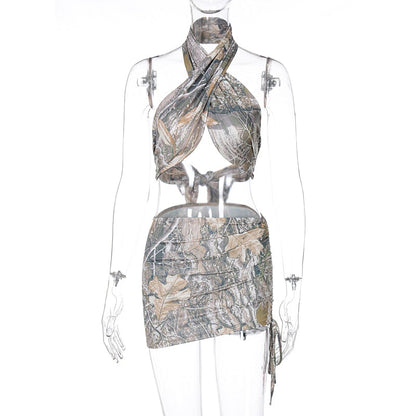 Voguable  Vintage Print Sleeveless Bandage Crop Top Skirt 2 Pieces Set Streetwear Y2K Tracksuit