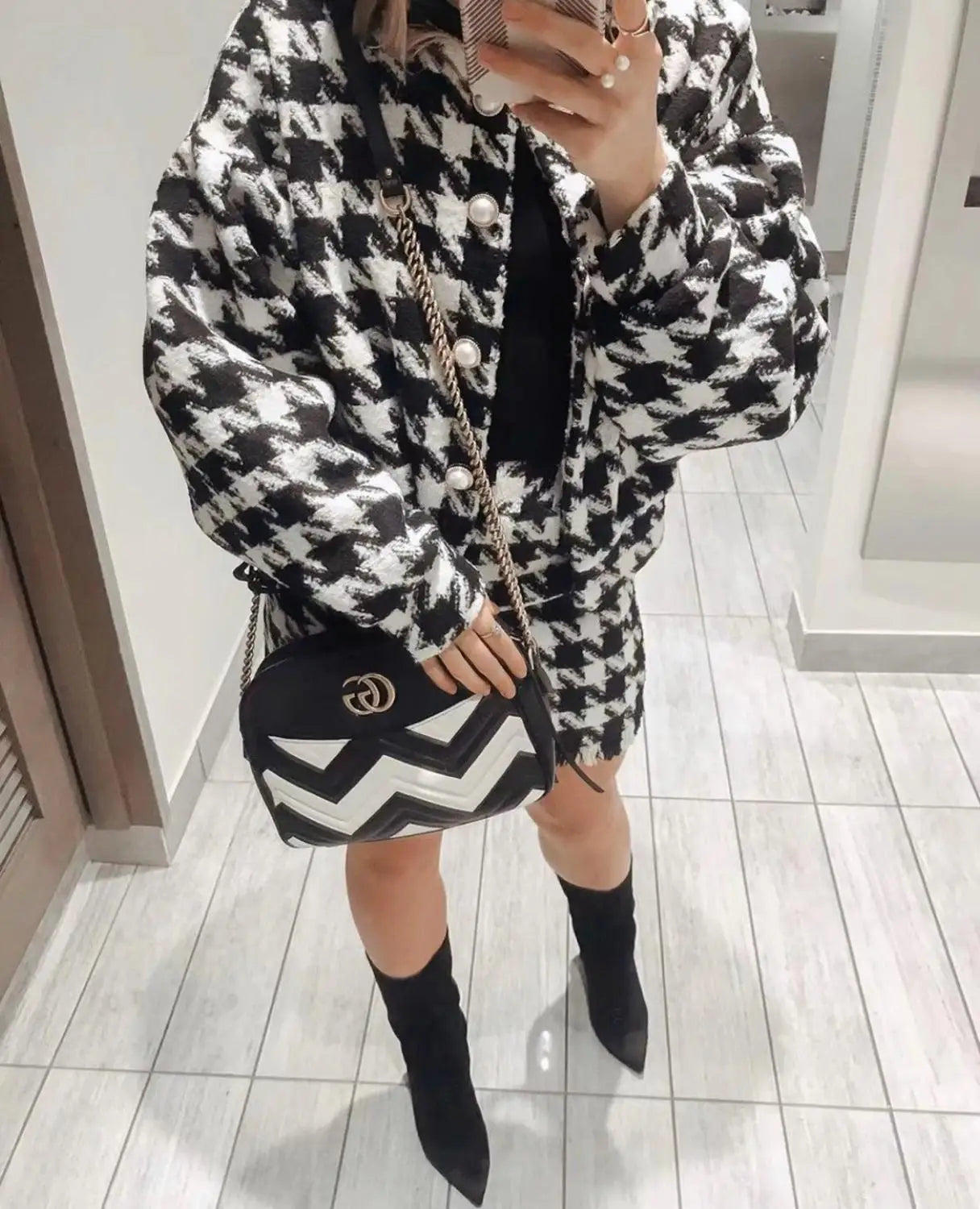 Vintage Sweet Women Pearl Button Black Check Gingham Plaid Blazer High Waist Mini Short Skirts Long Sleeve Suits 2 Pieces Set