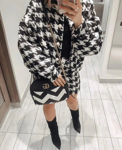 Vintage Sweet Women Pearl Button Black Check Gingham Plaid Blazer High Waist Mini Short Skirts Long Sleeve Suits 2 Pieces Set