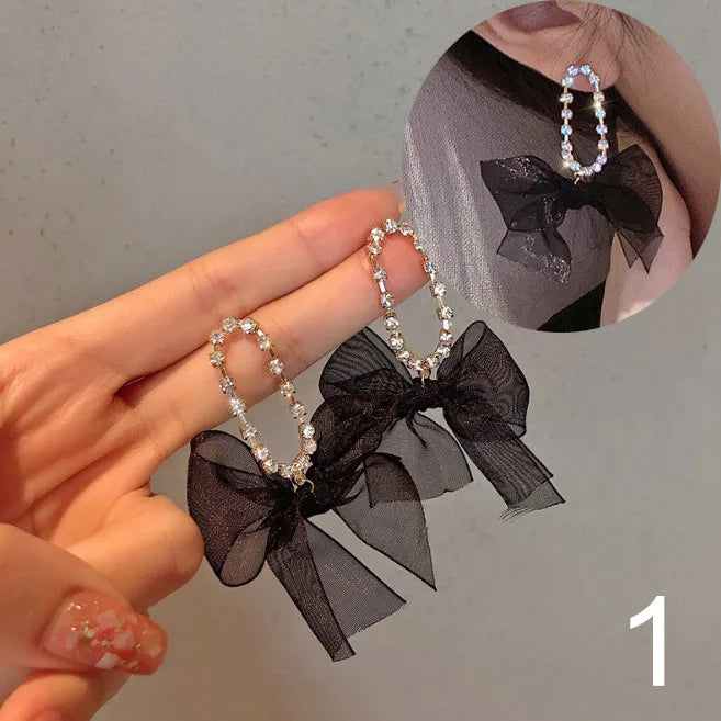 Korean Dangle Drop Earrings Black Tulle Yarn Rhinestone Bow Knot Kawaii Fashion Jewelry for Women Fall Winter