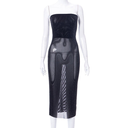 Voguable  Mesh Off Shoulder Black Sleeveless Patchwork See Through Midi Dress Bodycon Holiday Party Outfits Y2K