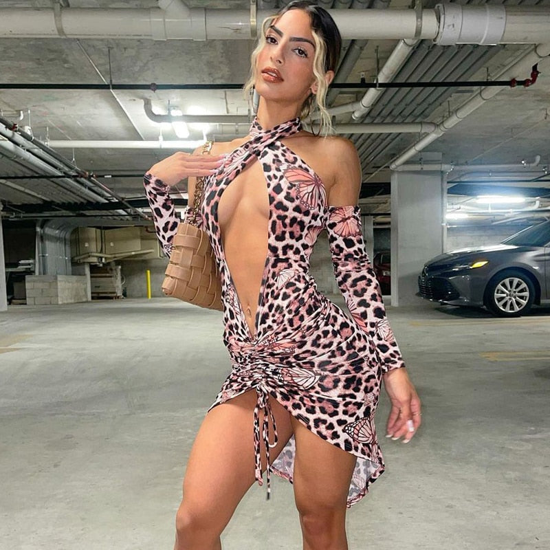 Voguable outfits  Long Removable Sleeves Backless Butterfly Print Hollow Out Dress Fall Streetwear Y2K