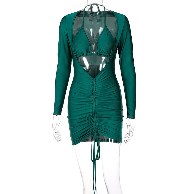 Voguable Long Sleeve Bandage Hollow Out Ruched Bodycon Mini Dress  Winter Y2K Slim Streetwear Elegant