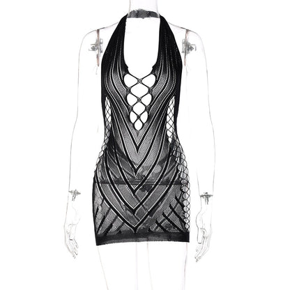 Voguable outfits Solid Halter Sleeveless Backless Mesh Hollow Out Mini Dress Fall Bodycon Party Club Elegant Y2K