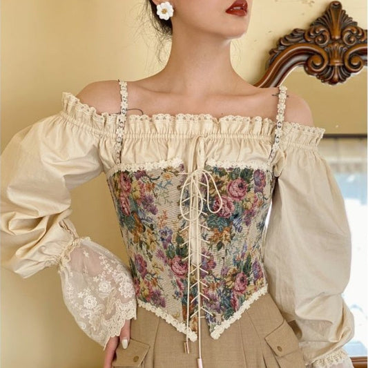 Y2k Elegant Designer French Vintage Print Halter Tops Chic Bandage Floral Corset Shirts Style Party Club Ladies Top