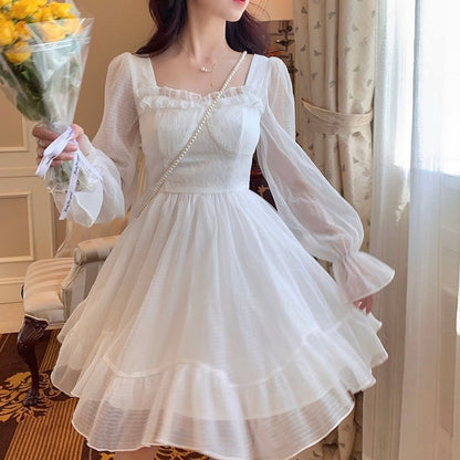 French Sweet Fairy Lolita Dress Long Sleeve Lace Y2k Mini Dress Vintage Kawaii Clothes One Piece Dress Korean spring
